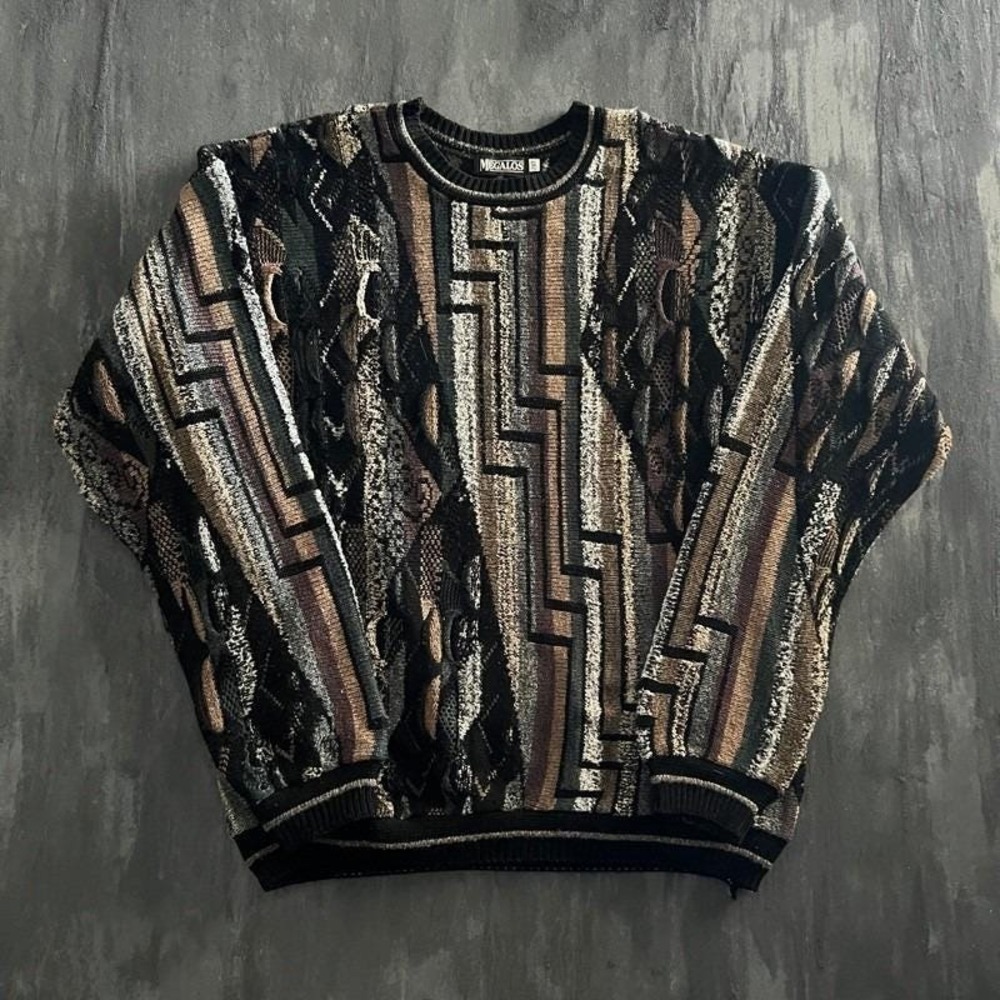 Vintage Geometric Sweater Mens 2XL Black 1990s Striped Argyle 3D Chunky MEGALOS
